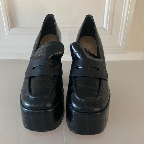 NWOT Schutz Free People Viola Black Leather Crocodile Print Platforms Sz 10 - Picture 4 of 9